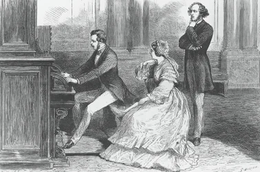 Princ Albert Saxe hrající před královnou Viktorií a Felixem Mendelssohnem Bartholdym (1809-1847), rytina