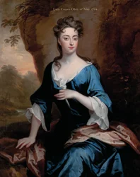 Portrét Elizabeth Skipwith, Lady Craven, tříčtvrteční, v modrých šatech a červeném šátku, zalesněná říční krajina za nimi, 1704
