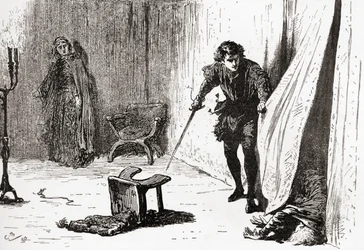 Scéna ze hry Williama Shakespeara Hamlet, 3. dějství, 4. scéna, Hamlet: Sbohem, ty bídný, zbrklý, dotěrný blázne! Vzal jsem si tě za lepšího, z díla Williama Shakespeara, vydáno 189