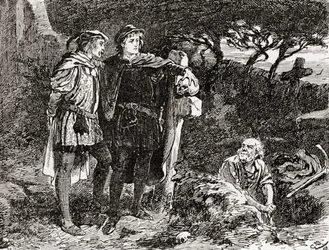Výjev z hry Hamlet Williama Shakespeara, dějství V, scéna 1: Hamlet: „Znám ho, Horatio, chlapíka nekonečného vtipu a znamenité obrazotvornosti“, z Díla Williama Shakespeara, vydáno 1896