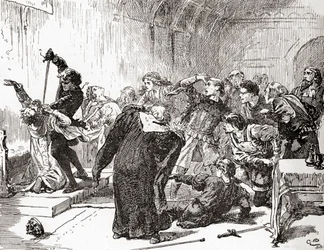Scéna ze hry Williama Shakespeara Hamlet, V. dějství, 2. scéna, Hamlet: Vždyť je to taky jedovaté! Tak, jede, k dílu svému. (Bodne krále), z díla Williama Shakespeara, vydaného roku 1896 (rytina).
