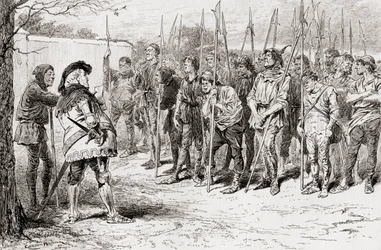 Scéna ze hry Williama Shakespeara Král Jindřich IV., část 1, dějství IV, scéna 2, Falstaffsův otrhaný pluk, z díla Williama Shakespeara, vydaného roku 1896.