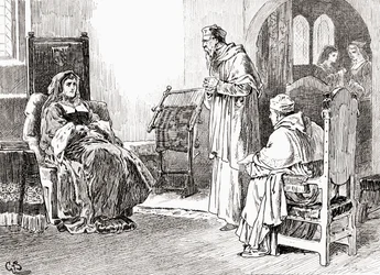 Scéna ze hry Williama Shakespeara Král Jindřich VIII., III. dějství, 1. scéna, Královna Kateřina: Z díla Williama Shaese: Dělejte, co chcete, pánové, a odpusťte mi, jestli jsem se chovala nevhodně.