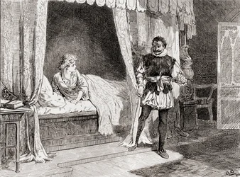 Scéna ze hry Williama Shakespeara Othello, V. dějství, 2. scéna, Desdemona: Mluvíš o zabíjení? Othello: Z díla Williama Shakespeara, vydaného v roce 1896.