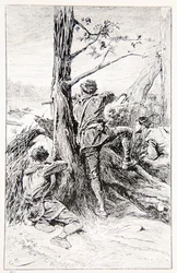 Ilustrace z knihy „S Wolfem v Kanadě aneb Vítězství kontinentu“ od G.A. Henty, hospoda. Blackie and Son Ltd., 1887