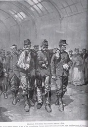 Belgičtí ranění vracející se z Lutychu, z knihy „Hutchisonův příběh britského národa“, kolem roku 1920