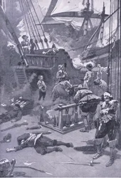 Bitva u Camperdown 29.-31. července 1653, ilustrace z britských bitev na souši a na moři, 1915