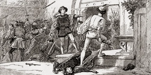 Tybalt zabitý Romeem, scéna z knihy Williama Shakespeara Romeo a Julie, III. dějství, 1. scéna, z díla Williama Shakespeara, vydáno 1896.