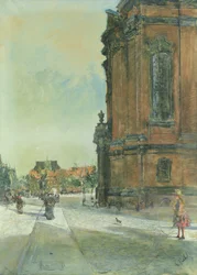 Pouliční scéna poblíž kostela St. Michaels v Hamburku