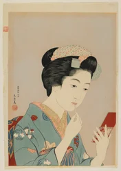 Žena aplikující Lip Rouge, éra Taisho, únor 1920 (barevný dřevořez)