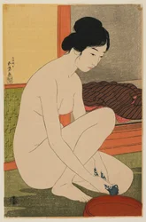Koupající se žena, éra Taisho, říjen 1915 (barevný dřevoryt)