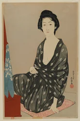Žena v letních šatech, éra Taisho, červen 1920 (barevný dřevotisk)