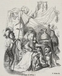 Lev Afriky, postava příběhu lva afrického a tří původních mladých lvů, litografie Filippo Molino (1804-1856) podle kresby Jean-Jacques Grandville (1803-1847),