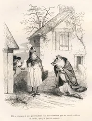 Rozhovor mezi psem, slepicí a liškou. Viněty ilustroval JJ Granville. Rytina podepsaná Godardem v části nazvané "Un renard pris au piege", kterou napsal Charles Nodier ve "Scenes de la vie privee et publique des animaux". Paris, J. H