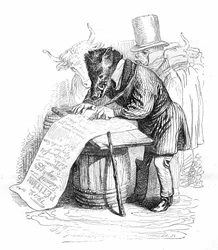Grandvillova rytina z knihy "Soukromý a veřejný život zvířat (Les animaux painted par eux memes)", Hetzelovo vydání 1867 - Karikatura: divočák píšící petici.
