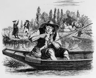 La Fontainova bajka (autor Jean de La Fontaine) : Rybička a rybář, rytina J. J. Grandville, asi 1838-40