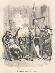 Lenoch zívl, že čeká. Viněty ilustroval JJ Granville. Rytina podepsaná Godardem v části nazvané "Les animaux medecins", kterou napsal Pierre Bernard v knize "Scenes de la vie privee et publique des animaux". Paris, J. Hetzel et Paulin
