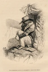 Loup zakořeněný ve své kontemplativní samotě. Miniatury ilustroval JJ Granville. Rytina signovaná Caque v části nazvané „Medvěd aneb Dopis psaný z hory“ L. Baude v „Scénách ze soukromého a veřejného života zvířat“. Paříž, J.