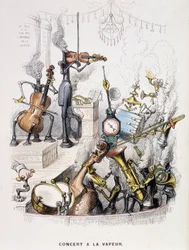 Muzikanti se proměnili ve stroje a uspořádali „koncert à la steam“ – v „“Un autre monde““ od Grandville, konec 19. století.