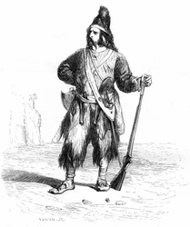 Portrét Robinsona Crusoe na opuštěném ostrově s puškou a různými zbraněmi u pasu - Grandvillova ilustrace románu Daniela Defoea (De Foe) - Garnierovo vydání 1869 s. 155.