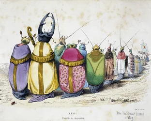 Průvod brouků v duchovních oděvech - protiklerikální karikatura Grandvilla z „Proměn dne“, 1829