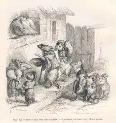 Myš dává milodary prasátku. Viněty ilustroval JJ Granville. Rytina podepsaná Andrew, Best a Leloir v části nazvané "Le rat philosophe", kterou napsal Edouard Lemoine v knize "Scenes de la vie privee et publique des animaux". Paris, J. Hetz