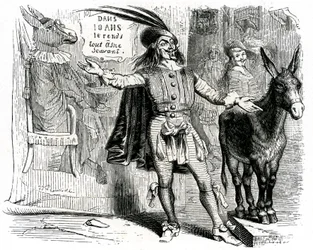 Šarlatán: La Fontainova pohádka s ilustracemi Grandvillea. Edition Garnier 1860. Tento šikovatel dělá potíže každému oslovi vědce.