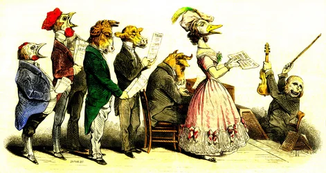 Pěvecký koncert - Chorál: zpěváci hlavy zvířat s dirigentem sboru představující opici - litografie Grandville (Jean Ignace Isidore Gerard 1808-1847) z knihy "Les Metamorphoses du Jour" 1828.