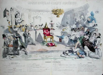 Grande Course au Clocher Academique, karikatura zobrazující Institut de France, 1839 (viz také 218693) (barevná rytina)