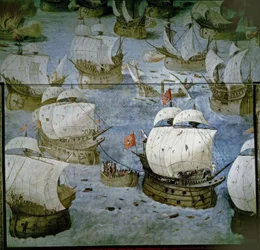 NÁMOŘNÍ BITVA NA AZORSKÁCH (1571) - DOBYTÍ TŘETÍHO OSTROVA - ČERSTVÝ OBRAZ 1585 - OBNOVENO