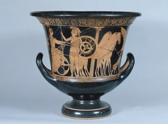 Půdní červenofigurový kalichový krater zobrazující hoplita odcházejícího do války (keramika) (viz také 223268)