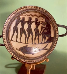 Pohár zobrazující Odyssea oslepujícího Polyféma, černofigurová keramika, Řecko, řecká civilizace, 6. století př.n.l.