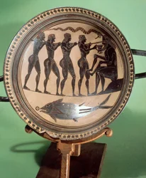 Pohár zobrazující Odyssea oslepujícího Polyféma, černofigurová keramika, řecká civilizace, 6. století před naším letopočtem