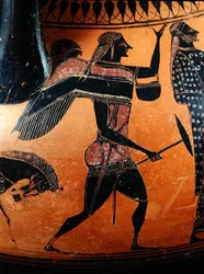 Detail z amfory zobrazující příběh Thesea a Minotaura, cca 540 př. n. l. (hlína) (viz také 288292 a 288293)