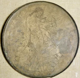 Řecké umění: "" Afrodita a Eros "" Bronzové zrcadlo. 350 př. n. l., muzeum Louvre
