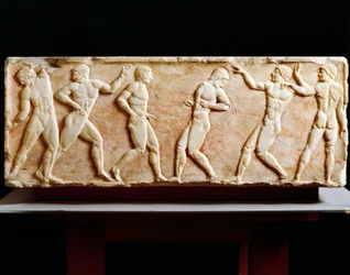 Greek Civilization, Stele depicting athletes at gymnasium, From Kerameikos necropolis in Athens, Greece, 510 BC