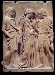 Řecký starověk: rozloučení Orphee s Eurydikou, které je Hermes připraven přivést zpět do pekla. Nápis se jmény Zethus, Antiope a Amphion pochází z renesance. Nízký mramorový reliéf. 480-323 před naším letopočtem. Ne 1,2 m Paříž, Musee du Louv