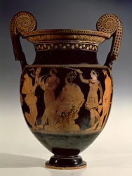 Karneia neboli dožínky, červenofigurový volutový krater, konec 5. století př. n. l. - počátek 4. století př. n. l. (keramika)