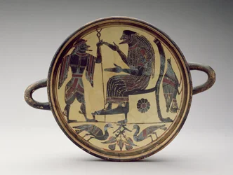 Laconian kylix cup zobrazující Dia a Herma, cca 550-530 př.nl (hlína) (viz také 288296 a 288298)