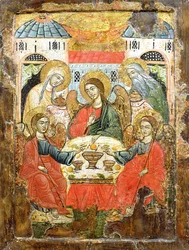 Abraham a tři andělé, ikona z Makedonie, kolem roku 1700