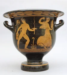 Protoapulský krater ve tvaru zvonu se satyrem a maenadou z italské Matery (keramika)
