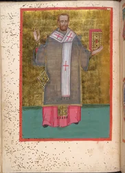 Egerton 2392, f.5v, miniatura stojícího Jana Zlatoústého držícího knihu, z Leitourgikonu zahrnujícího obřady svěcení a modlitby