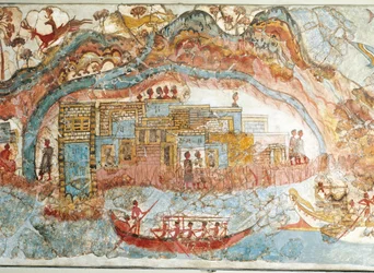 Freska zobrazující lodní procesí z Akrotiri na ostrově Théra, Santorini, Řecko, detail: pobřežní město