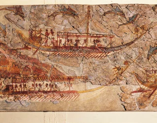 Freska znázorňující lodní procesí z Akrotiri na ostrově Théra, Santorini, Řecko, detail, lodě