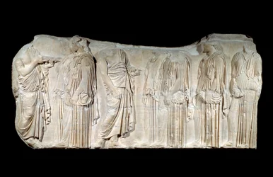 Řecké umění: fragment parthenonského vlysu: procesí na svátek Velkých Panathénů: autorizátoři a ergastini. Klasické období. Paříž, muzeum Louvre