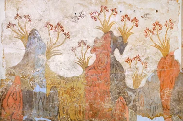 Místnost lilií neboli jaro, freska z Akrotiri, Théra, dnešní Santorini, Řecko, mínojská civilizace