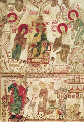 Byzantský doktor Myrepsos přijímající pacienty, z řeckého rukopisu, 13. století