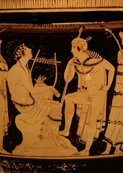 Orfeus mezi Thráky, attický červený figurální sloup Krater, asi 440 př. n. l. (keramika)(