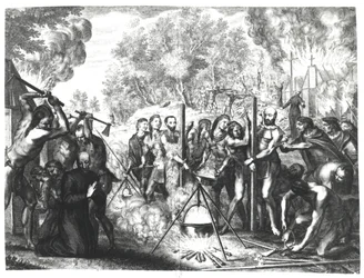 Smrt některých jezuitských otců v Nouvelle-France, z „Historiae Canadensis“ od Francoise Ducreuxe, vydané v roce 1664