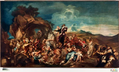 Mojžíš udeří vodu ze skalní malby od Gregoria De Ferrariho (1647-1726) Genes, nová pouliční muzea